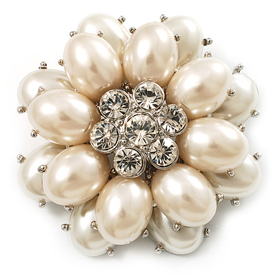 Bridal Imitation Pearl Dimensional Flower Brooch (Silver Tone)