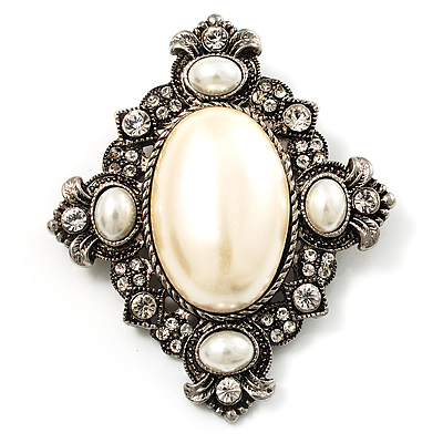 Vintage Oval Simulated Pearl Diamante Brooch (Antique Silver)