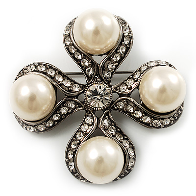 Vintage Imitation Pearl Crystal Cross Brooch (Antique Silver)