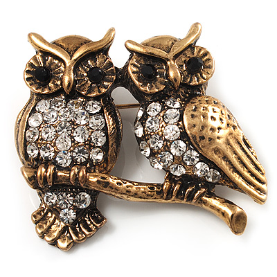 Two Crystal Sitting Owls Brooch (Antique Gold Tone)