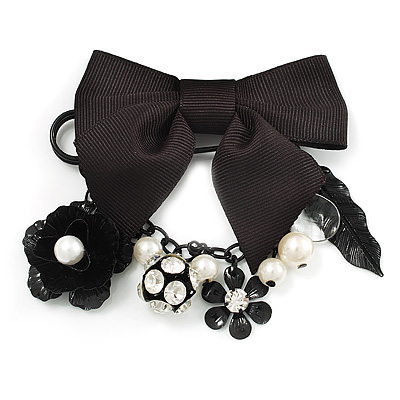 'Bow, Rose, Crystal Ball & Simulated Pearl Bead' Charm Black Tone Safety Pin Brooch (Catwalk - 2014)
