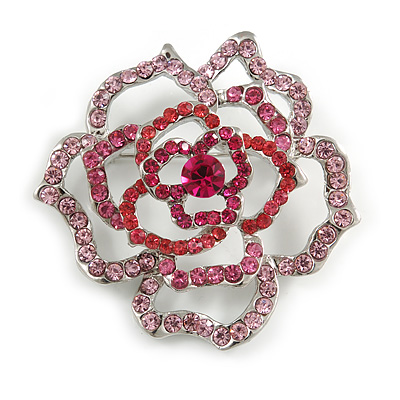 Stunning Pink Crystal Rose Brooch (Silver Tone) - main view
