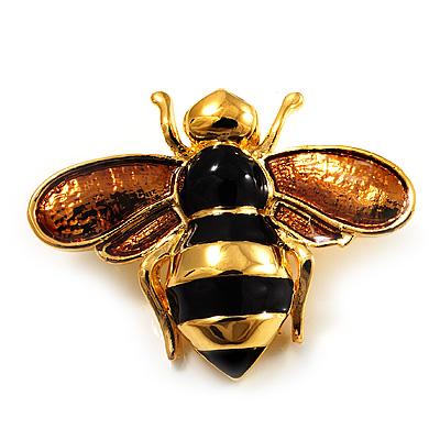Gold Plated Bee Pin (Black & Light Brown)