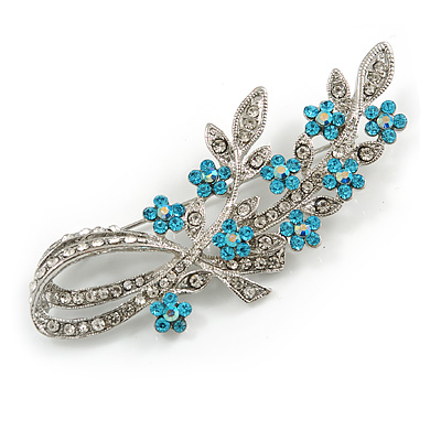 Romantic Crystal Floral Brooch In Rhodium Plating Clear & Teal Blue - 75mm L