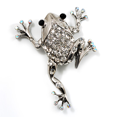 Clear Crystal 'Leaping Frog' (Silver Tone Metal)