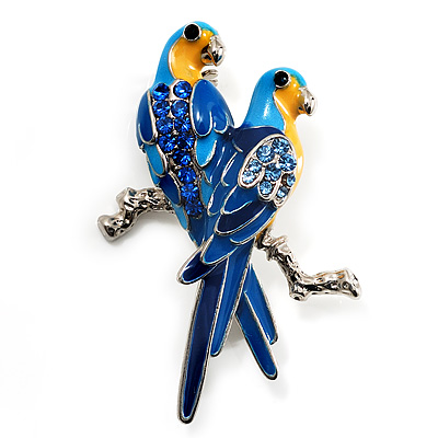 Blue Enamel Parrot Brooch (Silver Tone Metal)