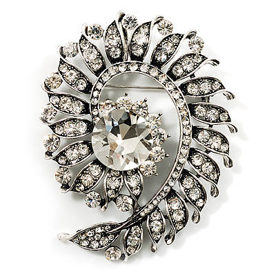 Oversized Clear Crystal Twirl Brooch/ Pendant (Antique Silver Metal Finish) - main view