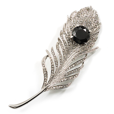 Large Swarovski Crystal Peacock Feather Silver Tone Brooch (Clear & Black) - 11.5cm Length