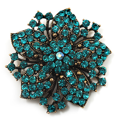 Victorian Corsage Flower Brooch (Antique Gold & Teal) - main view