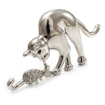 Rhodium Plated Cat & Mouse Brooch