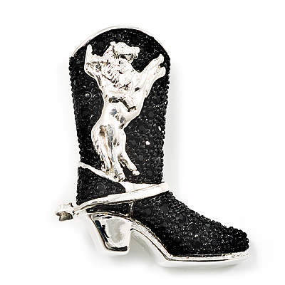 Silver Black 'Crystal Cowboy Boot' Brooch