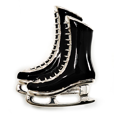 Black Enamel Figure Skates Brooch (Silver Plated)