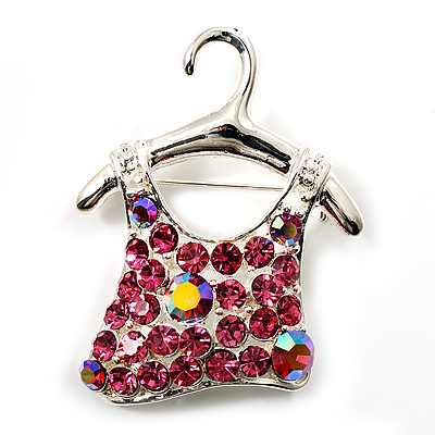 Pink Crystal 'Dress' Brooch (Silver Tone Metal)