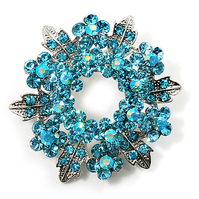 Light Blue Crystal Wreath Brooch (Silver Tone Metal)