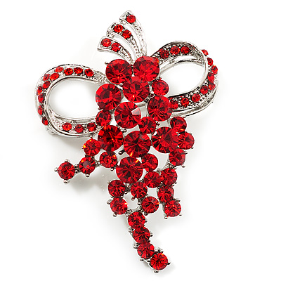 Bright Red Crystal Grapes Brooch (Silver Tone Metal) - main view