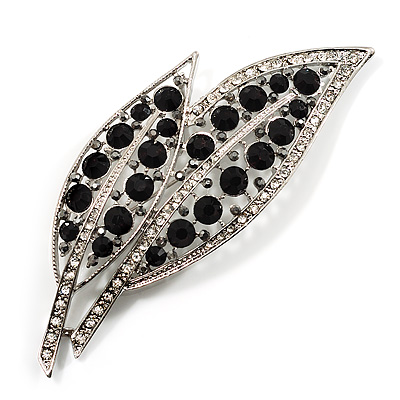 Large Black Diamante 'Leaf' Pin/Pendant (Silver Tone)