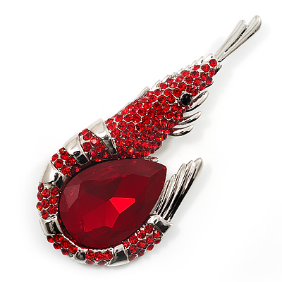 Large Hot Red Crystal Prawn Brooch (Silver Tone Metal) - main view