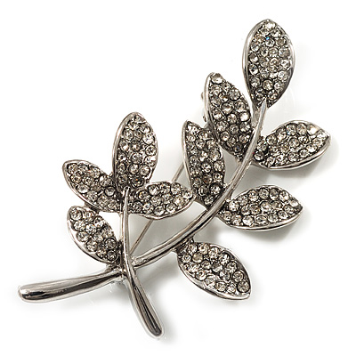 Delicate Clear Crystal Leaf Brooch (Silver Tone Metal)