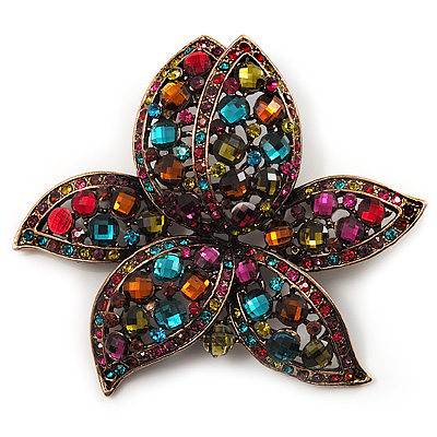Large Multicoloured Diamante Floral Brooch/ Pendant (Antique Gold Finish) - main view