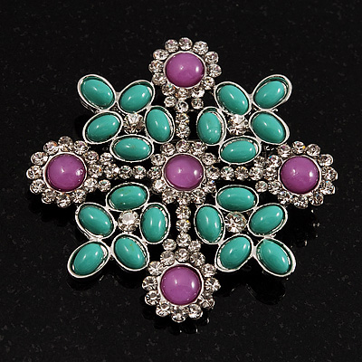 Square Turquoise Coloured Acrylic Bead Fancy Brooch (Silver Tone Metal)