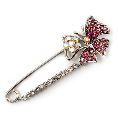 Rhodium Plated Pink Butterfly Safety Pin Brooch - main view