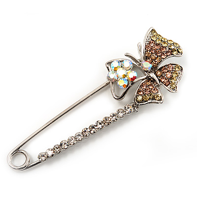 Rhodium Plated Citrine Butterfly Safety Pin Brooch - main view