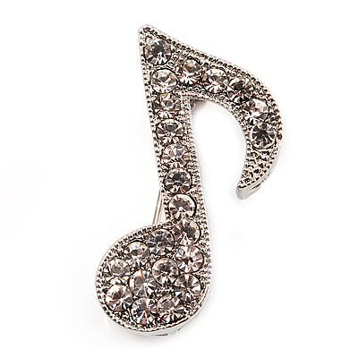 Small Silver Tone Clear Crystal Musical Note Brooch