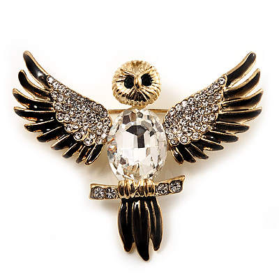 Black Enamel Crystal Owl Brooch (Gold Tone Metal)