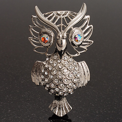 Large Filigree Crystal Owl Brooch (Silver Tone) - main view