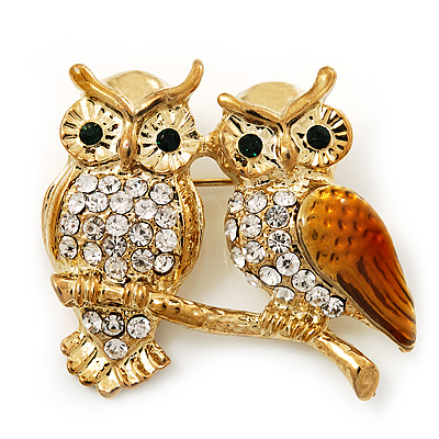 Two Crystal Sitting Owls Brooch (Bright Gold Tone Metal)
