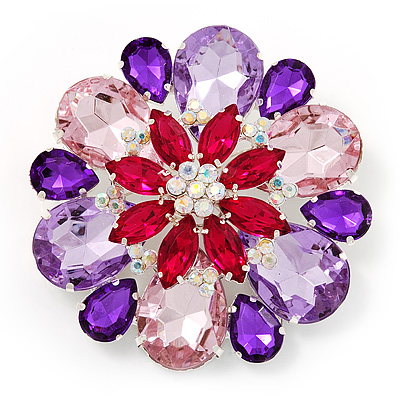 Dazzling Jewel Floral Corsage Brooch In Rhodium Plated Metal - 6.5cm Diameter - main view