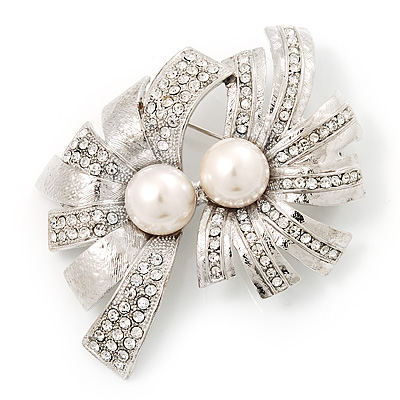 Abstract Simulated Pearl Floral Brooch In Rhodium Plated Metal