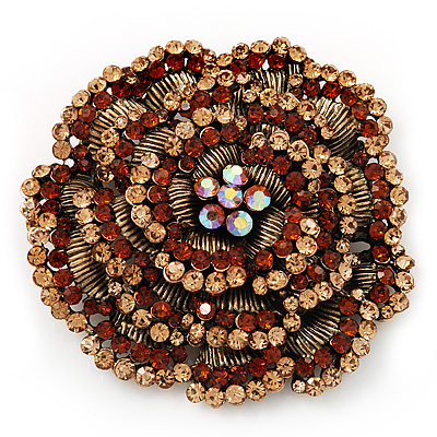 Spectacular Brown Dimensional Rose Brooch (Antique Gold Tone)