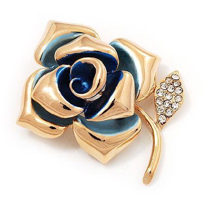 Gold Plated Crystal Rose Brooch (Blue & Clear)