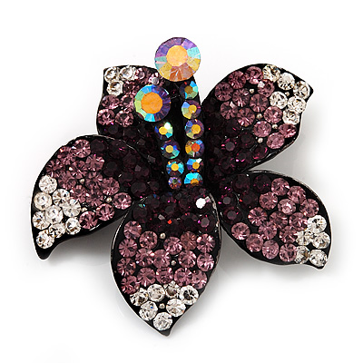 Stunning Purple Diamante Flower Brooch (Gun Metal Finish)