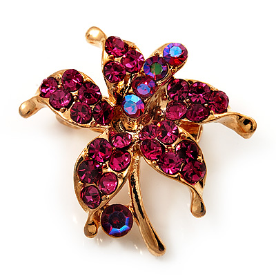 Tiny Magenta Crystal Daisy Floral Pin In Gold Plated Metal