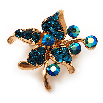 Tiny Teal Crystal Flower Pin Brooch (Gold Tone)