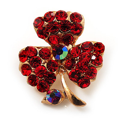 Tiny Red Crystal Clover Pin Brooch (Gold Tone)