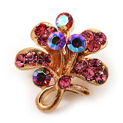 Tiny Pink Crystal Clover Pin Brooch (Gold Tone)