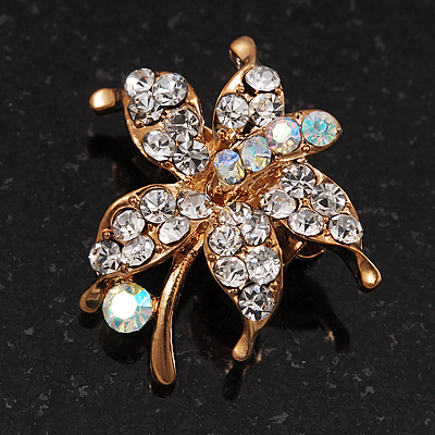Tiny Clear Crystal Daisy Floral Pin In Gold Plated Metal