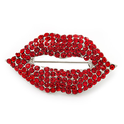 Sparkling Hot Red Crystal Lips Brooch (Silver Plated Metal)
