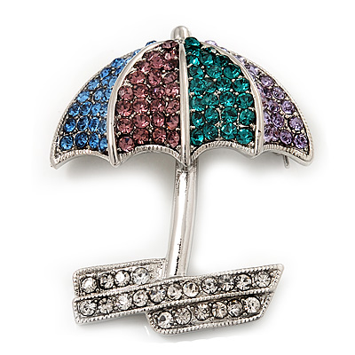 Rhodium Plated Multicoloured Umbrella Brooch