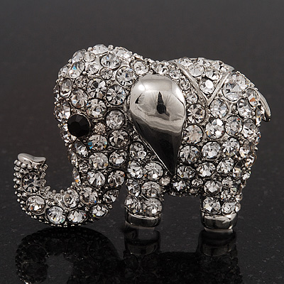 Rhodium Plated Clear Crystal 'Fortunate Elephant' Brooch - main view