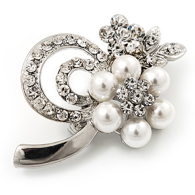 Fancy Simulated Pearl Diamante Flower Brooch (Silver Plated Metal) - main view