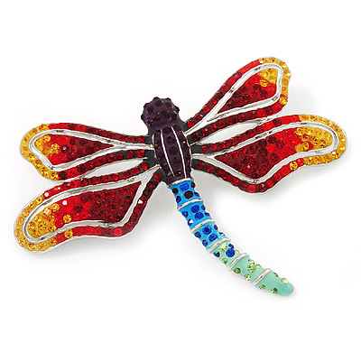 Multicoloured Austrian Crystal 'Dragonfly' Brooch In Silver Plated Metal