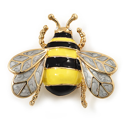 Yellow/Black Enamel Bee Brooch In Gold Plated Metal - 4cm Length - main view