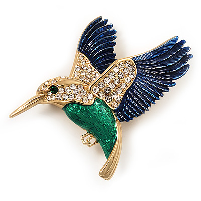 Multicoloured Crystal 'Hummingbird'  Brooch In Gold Plated Metal