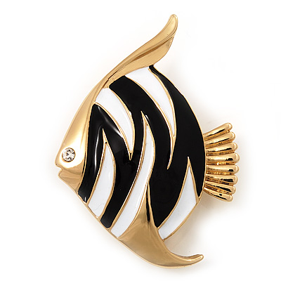 Black/White Enamel 'Fish' Brooch In Gold Plated Metal