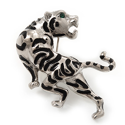 'Roaring Tiger' Brooch In Rhodium Plated Metal