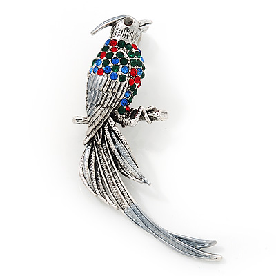 Multicoloured Exotic Bird Brooch In Silver Tone Metal - main view
